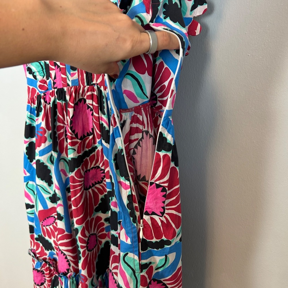 Oliphant size XL maxi dress tiered scalloped ruffle colorful floral cotton boho - Picture 8 of 16